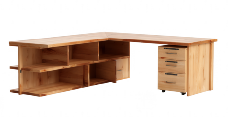 Wooden corner desk with open shelf and drawers, isolated on a white background, png, transparent