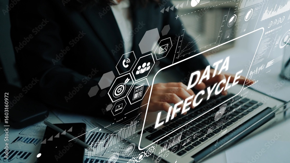 Poster business professional analyzing data lifecycle concepts through laptop work in modern office setting