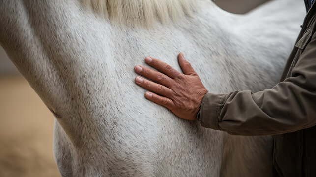 Close-up of man's hand resting on white horse's back outdoors