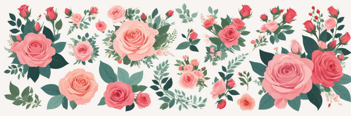 Naklejka premium Beautiful romantic flower collection with roses, leaves, floral bouquets, flower compositions