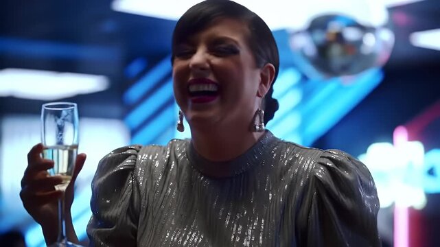 Smiling woman in a silver sequin dress holding champagne with a disco ball and blue neon lights in the background celebrates.