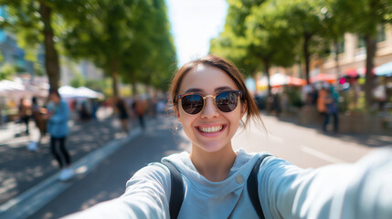 Fototapeta premium A happy young woman with blonde hair and a colorful top takes a selfie on a vibrant city street. 