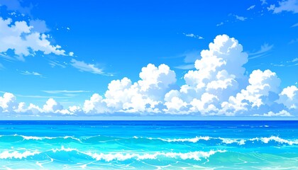 Obraz premium Serene seascape anime with fluffy cumulus clouds and clear turquoise water painting