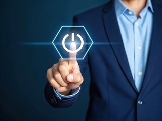 Businessman s finger presses power button on futuristic digital interface