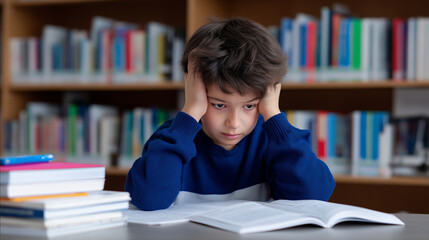 A tired young boy sits with his head in his hands, surrounded by stacks of books.

