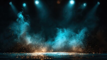 Dramatic stage lighting with smoky effect and sparks.