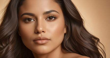 Obraz premium Tranquil portrait of a Arab woman with warm medium‑tone skin, wavy brown hair, deep brown eyes, soft warm lighting against a serene seascape background