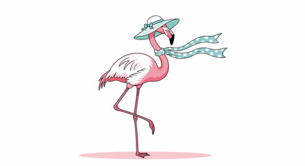 Obraz premium Fashionable Flamingo in a Hat and Scarf, Standing Gracefully on One Leg