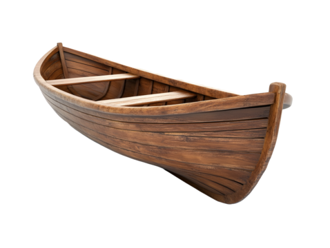 A vintage wooden rowboat with weathered planks and visible grain isolated on transparent background