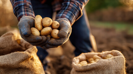 Farmer harvesting fresh potatoes from soil by hand, wearing gloves and working in a green field.
