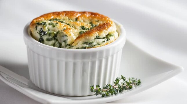 Individual savory baked custard with leafy greens served in a white ramekin on a simple plate.