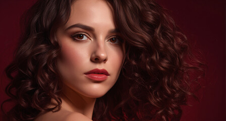 Fototapeta premium Sophisticated profile portrait of a woman with warm brown skin, curly dark brown hair, subtle red lipstick and soft warm lighting against a deep red background