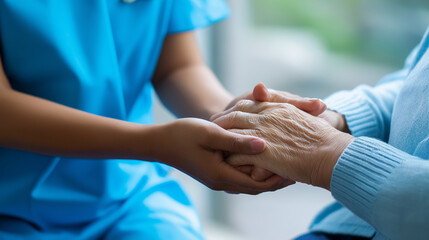 Nurse gently holding hands of an elderly person, symbolizing care, compassion, and medical support.
