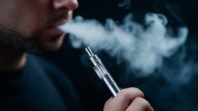 Side view of a person exhaling thick vapor from an electronic cigarette in a dark setting.
