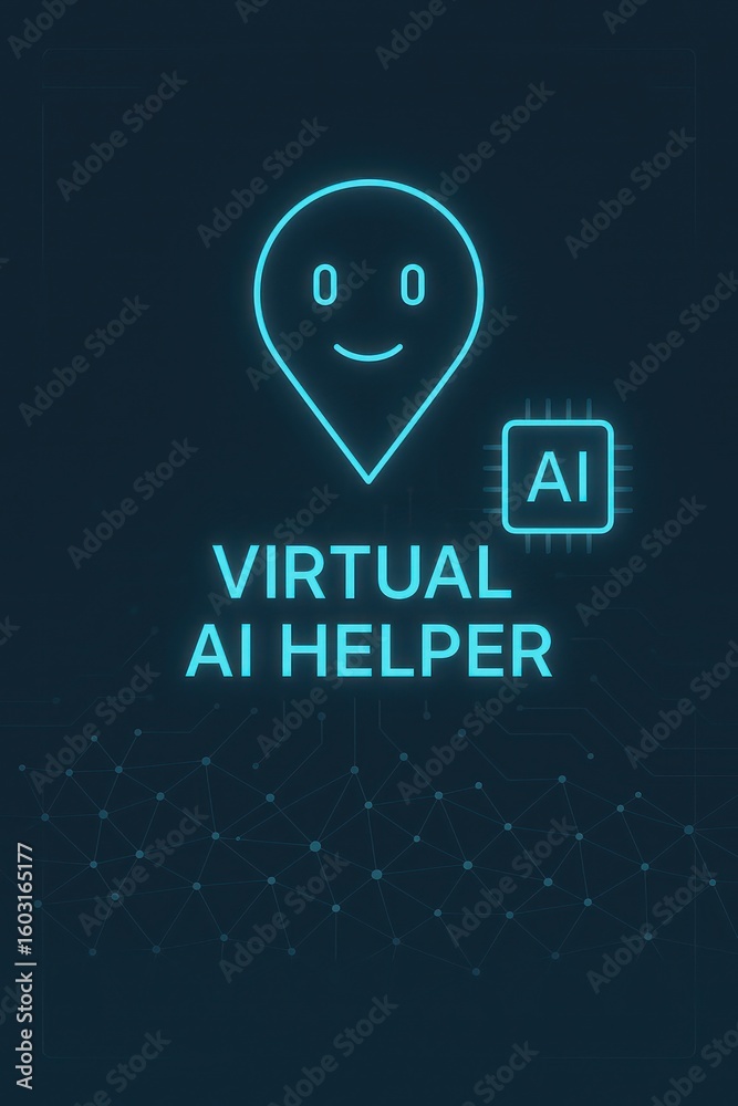 Poster an intelligent artificial intelligence virtual helper icon in a minimalist design, perfect for use i