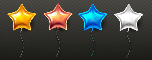 Glossy star-shaped balloons in gold, red, blue, and white with strings on transparent dark background. Concept of celebration. Vector illustration © GN.STUDIO