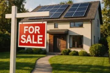 A charming residential property, ready for a new owner, is showcased under the warm glow of the sun, featuring a FOR SALE sign prominently displayed. 