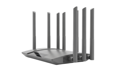 Gray wifi router with multiple antennas isolated PNG with Transparent Background