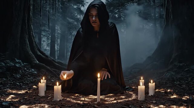 A hooded woman in black cloak lights candles in a circle deep in a dark forest at night, surrounded by fog and ancient symbols.