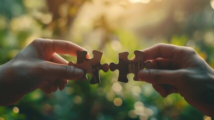 Two hands grasping puzzle parts for completion