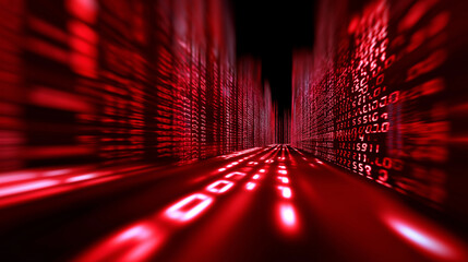 Abstract red digital corridor made of binary code and data streams, symbolizing speed and technology.
