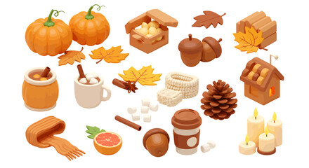 Cozy autumn collection featuring pumpkins, warm drinks, fallen leaves, acorns, and glowing candles evokes seasonal comfort and festive charm.