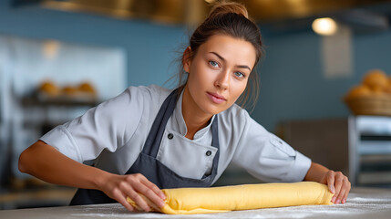 Female baker shaping dough in bright bakery