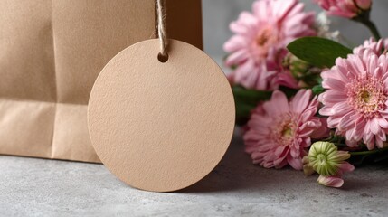High-quality photo of round blank sticker mockup, circle tag mock up on kraft paper gift bag, adhesive thank you card, round product label, pink flowers.
