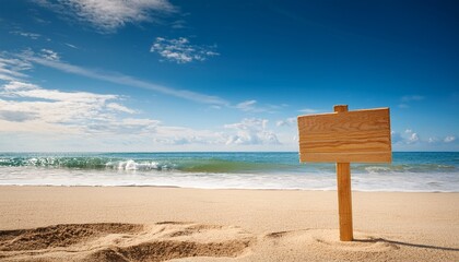 wooden sign stuck in sandy beach near ocean shore with bright blue sky and scattered clouds