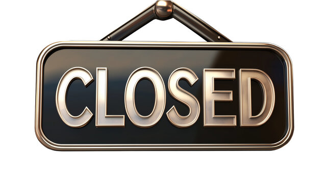 3D "CLOSED" sign with metallic text and a subtle shadow, giving it a sleek and modern look, isolated on a transparent background