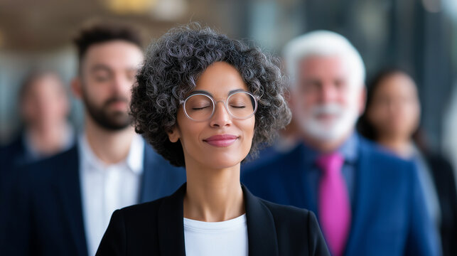 Group of diverse professionals standing in line with eyes closed, engaging in mindfulness or meditation practice.
 - Powered by Adobe