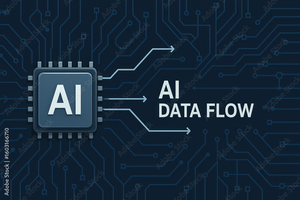 Poster intriguing visual representation of an artificial intelligence data flow, depicting the dynamic proc