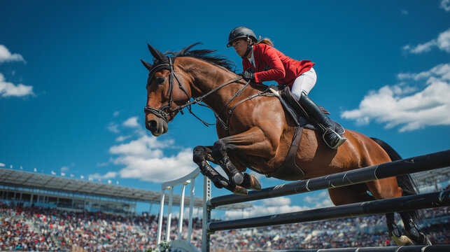 Equestrian jumping horse in stadium during sunny day