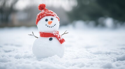 Fototapeta premium Cute Snowman with Red Hat and Scarf in Winter Snow, Holiday, Festive