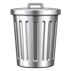 3D Glossy Trash Bin Icon with Metallic Texture, Angled Perspective, Isolated on Transparent Background