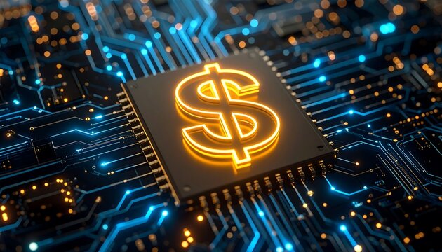 Circuit board with glowing dollar sign