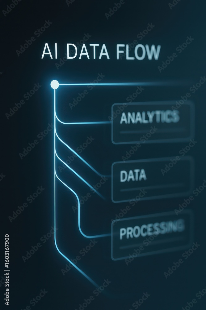 Poster a sleek and futuristic illustration visualizing the intricate data flow within ai, highlighting anal