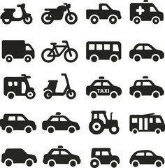 Urban Transportation Icons Set – Black Silhouette Vector Vehicles

