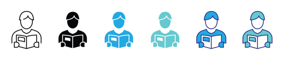 reading icon set. contain focused readers, curious mind, capturing personal study, self learning, lifelong education thin line and color style icon symbol sign for your app web. vector illustration