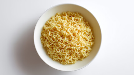 Simple bowl of plain cooked instant noodles placed on a white background, viewed from above.
