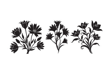 Three black silhouette flower bouquets on white background