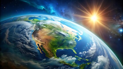 Obraz premium North America from Space: Vibrant Earth, Sunburst, Dramatic Cloudscape, Global Perspective