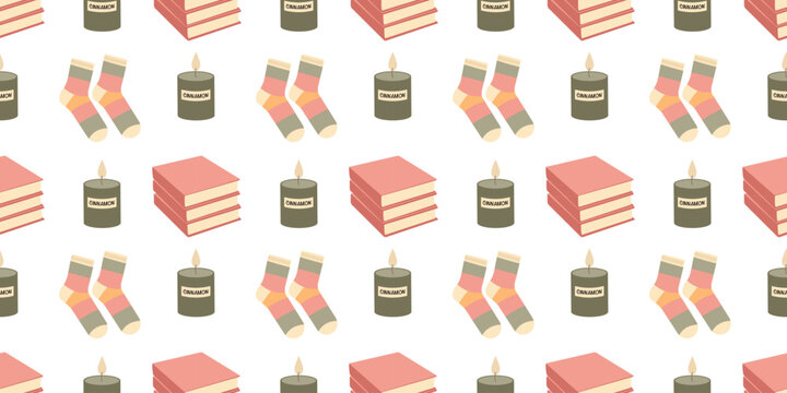Seasonal fall seamless pattern featuring books, candles and socks in flat style. Autumn vector illustration for digital use and printable, social media, banners