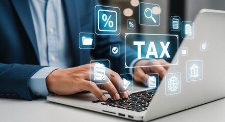 Professional businessman managing taxes online with digital financial icons on modern laptop interface, seeking efficient solutions