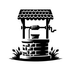 Rustic Black and White Wishing Well Illustration:  Simple, Vintage, Hand-Drawn Style,  Countryside Theme,  Nostalgic Mood.