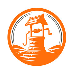 Rustic Orange Well Water Pump Icon: Vintage Style Rural Farm Illustration, Circular Design Element