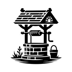 Rustic Black and White Illustration of a Wishing Well with Roof, Bucket, and Tree of Life Symbol