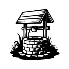 Rustic Black and White Illustration of a Brick Wishing Well with Wooden Cover, Surrounded by Grass.