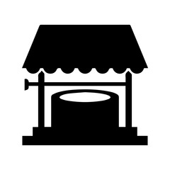 Simple Black Silhouette Icon: Rustic Well with Roof, Water Source, Vintage Well Illustration, Traditional Water Well Design,  Rural Setting Symbol.