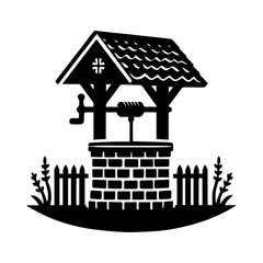 Rustic Black and White Wishing Well Illustration:  Simple, Quaint, and Nostalgic Design Featuring Brick Well, Wooden Cover, and Picket Fence.